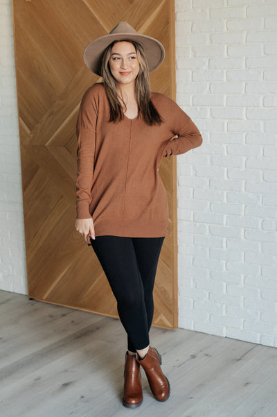 V-Neck Front Seam Sweater in Deep Camel