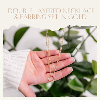 Double Layered Necklace & Earring Set In Gold