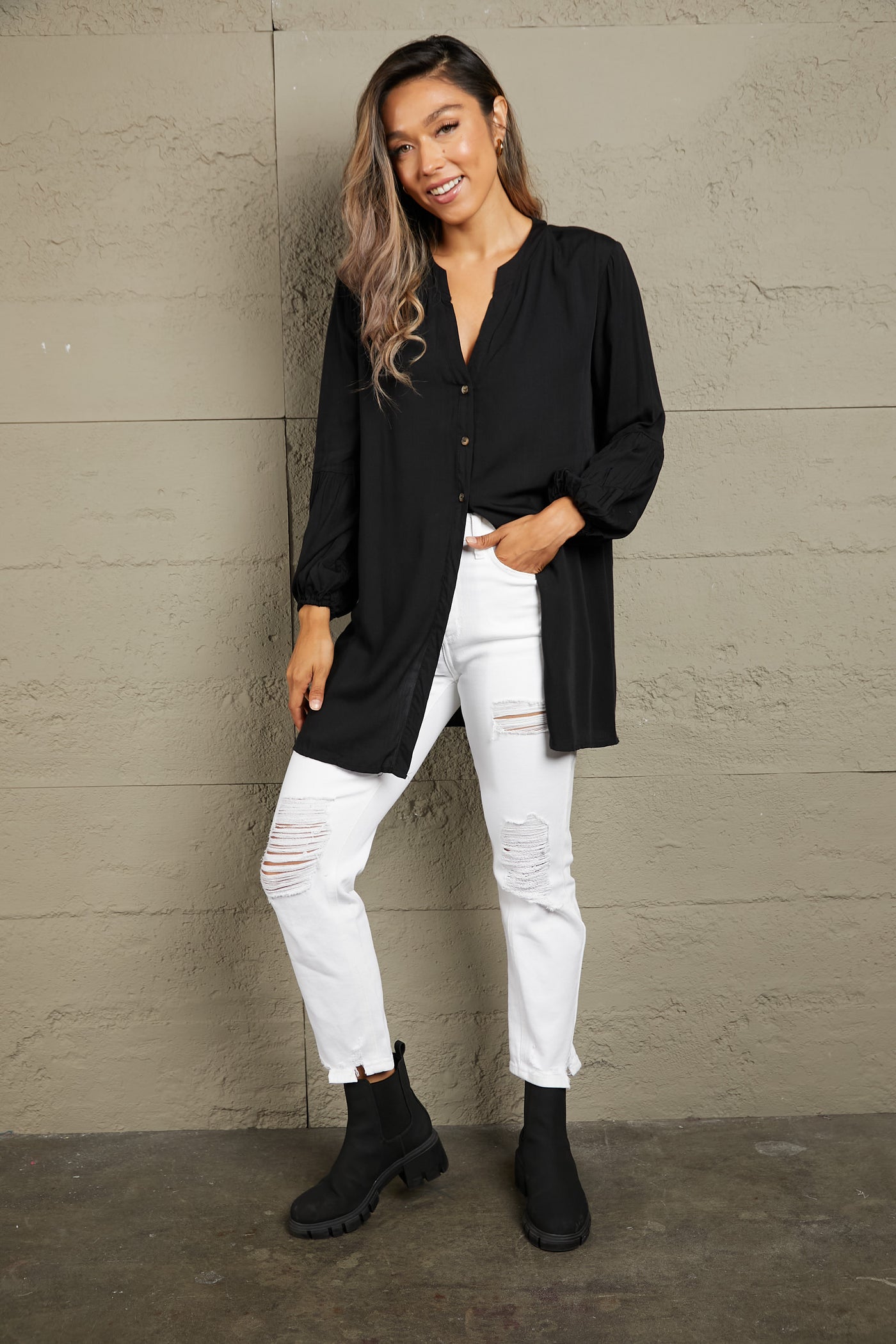 Double Take Notched Neck Balloon Sleeve Shirt