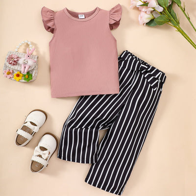 Round Neck Butterfly Sleeve Top and Striped Pants Set