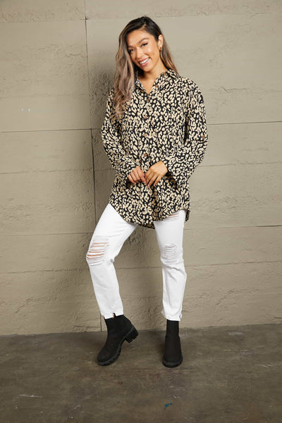 Double Take Leopard Roll-Tap Sleeve Shirt