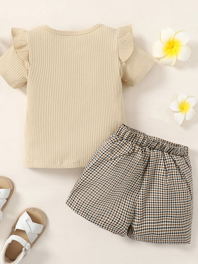 Ribbed Round Neck Short Sleeve Top and Plaid Shorts Set