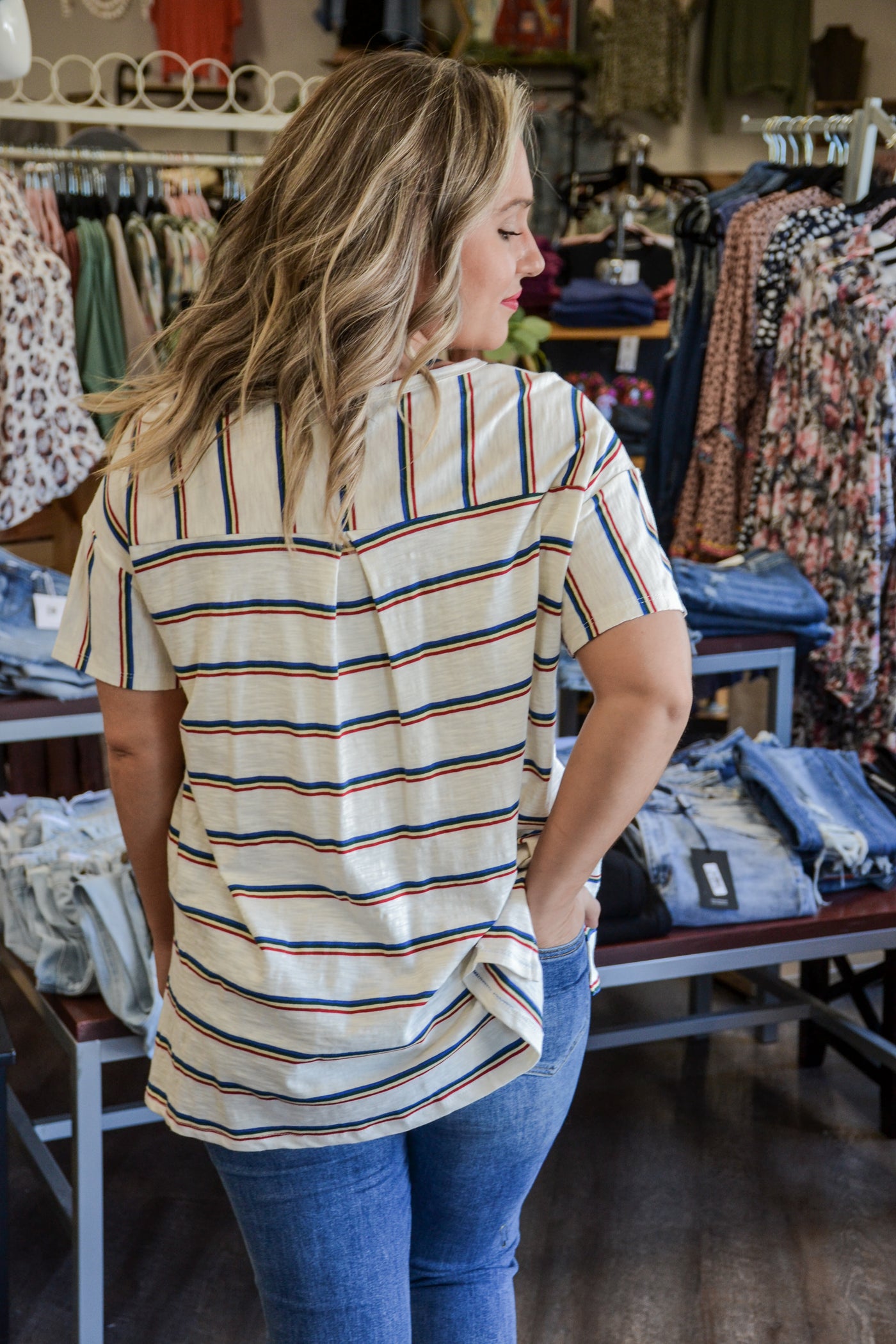 Oatmeal Stripe Short Sleeve - Adorn Boutique in Mitchell