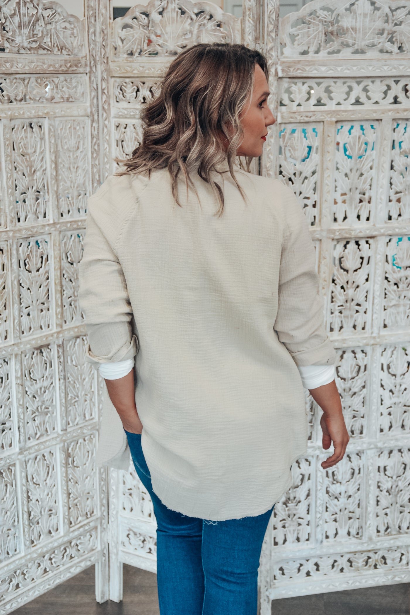 Taupe Gauze Button Down