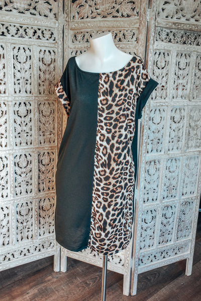 (S-XL) Leopard & Black Dress