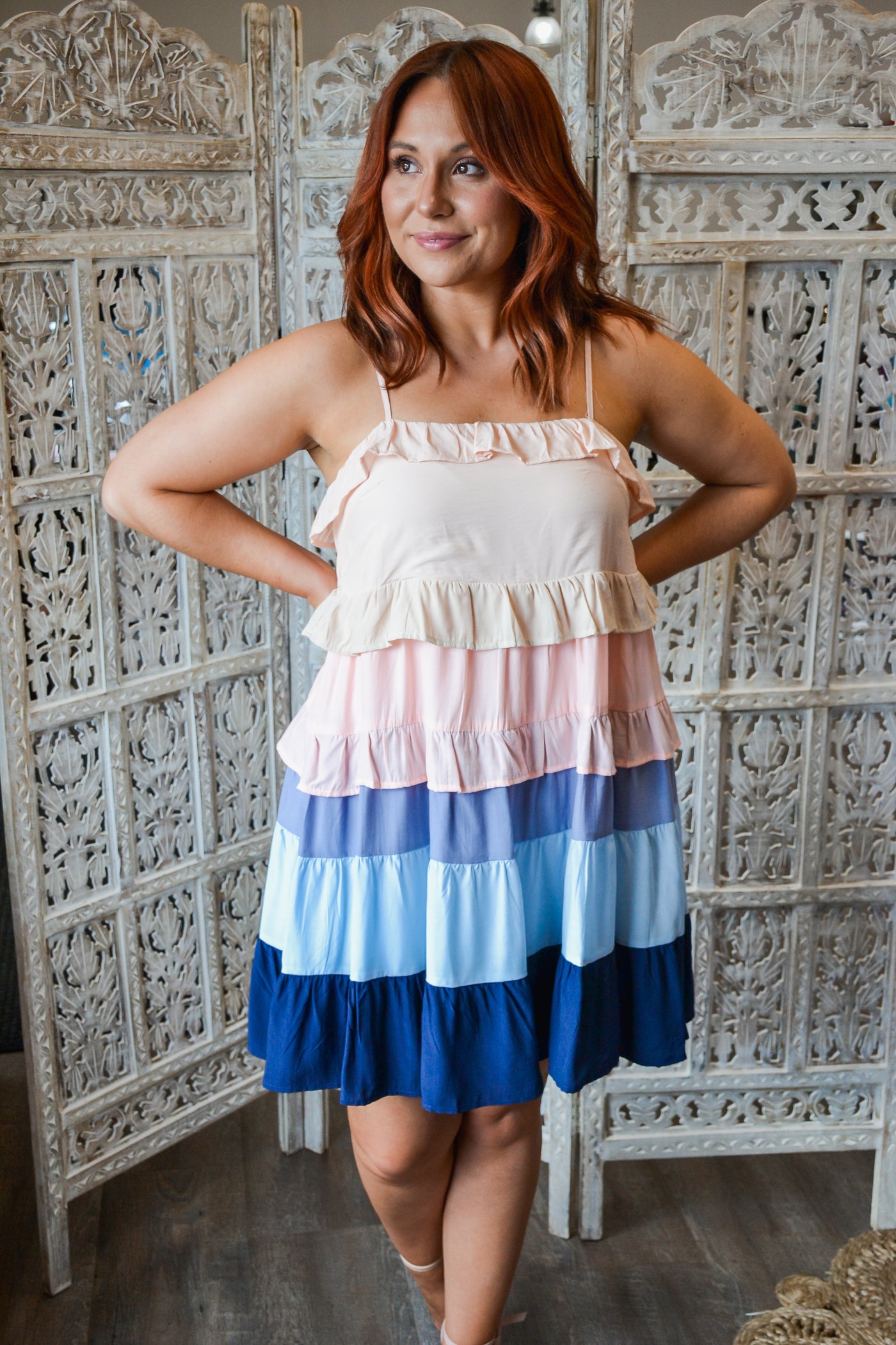 (S-XL) Color Blocked Tiered Dress