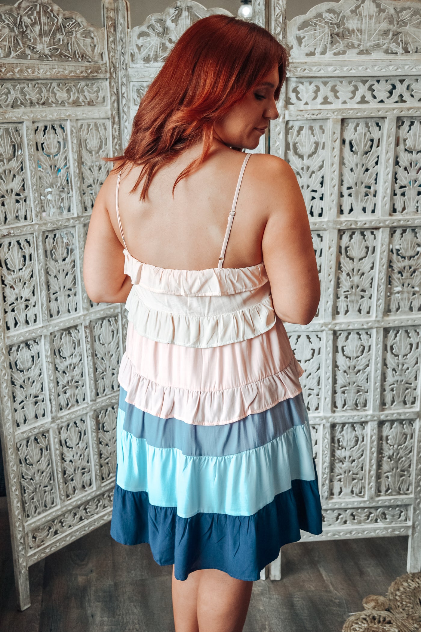 (S-XL) Color Blocked Tiered Dress