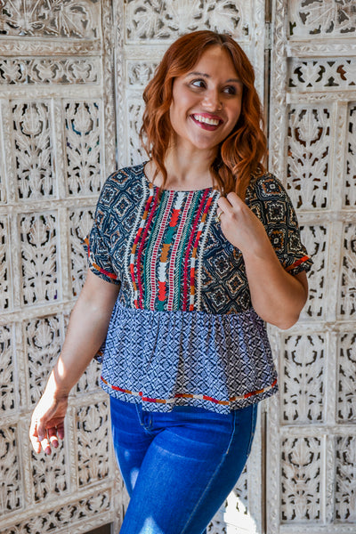Mixed Print Embroidered Top