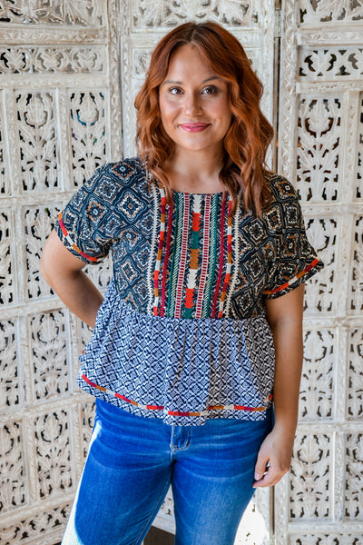 Mixed Print Embroidered Top