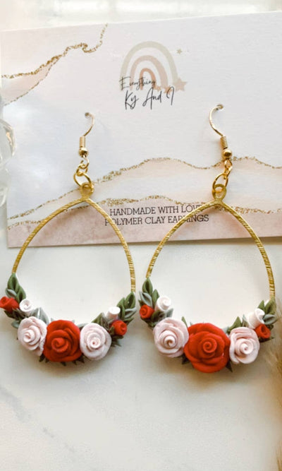Floral Hoop Rose Clay Earrings