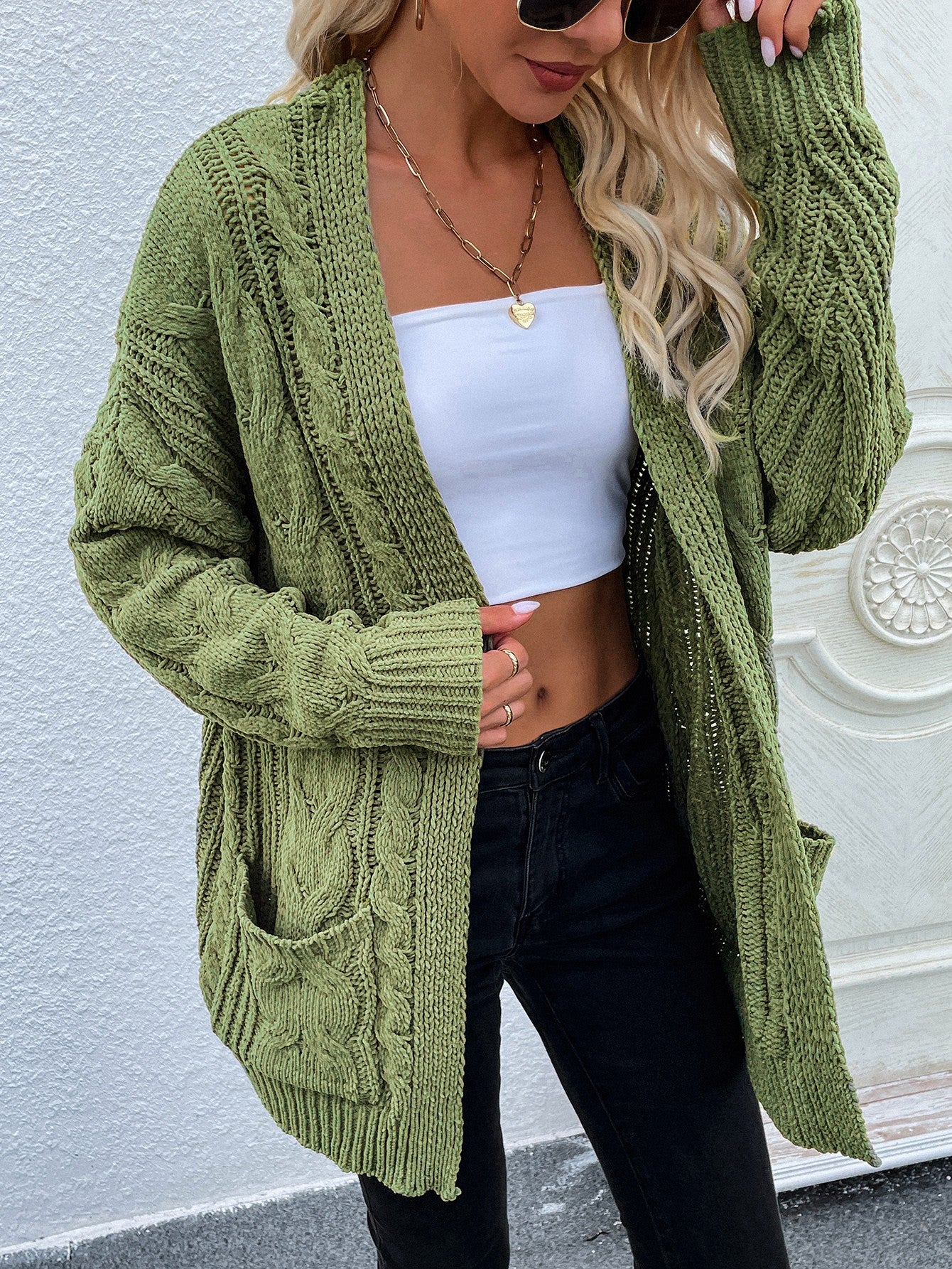 Woven Right Cable-Knit Cardigan