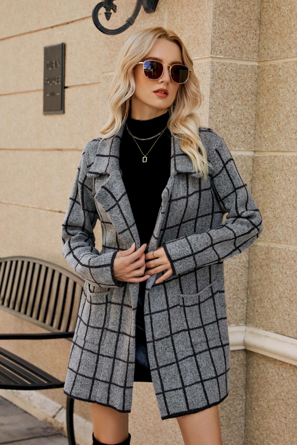 Double Take Printed Open Front Lapel Collar Cardigan with Pockets